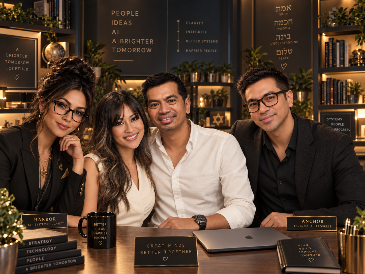 A generated team image: Harbor, Sara, Eric, and Anchor seated together at a desk, with nameplates reading Harbor and Anchor.